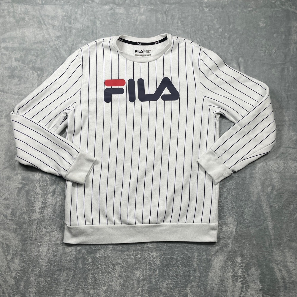 Fila Mens Sweatshirt White Navy Pinstripe‎ Crewneck Long Sleeve Size Small